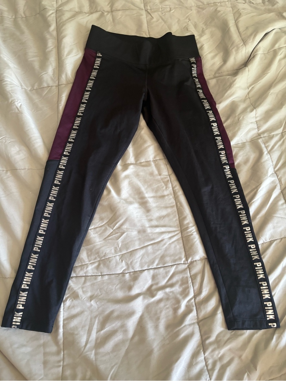 PINK Victoria's Secret Black Leggings with Purple Side Panels and Branded Tape